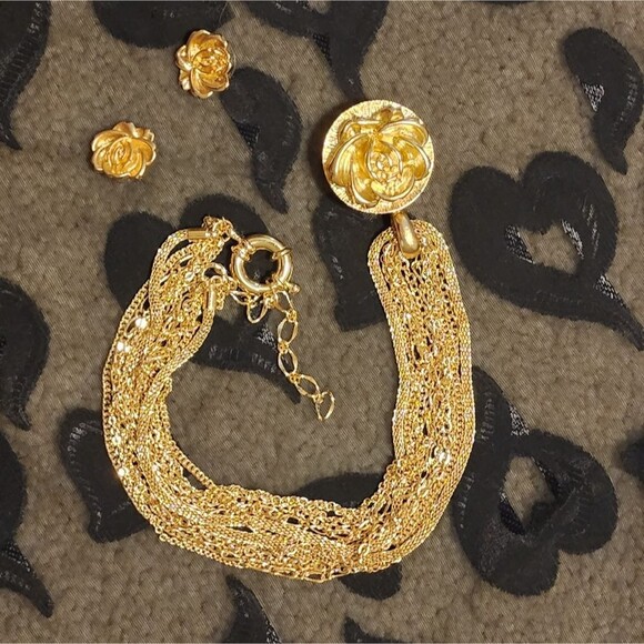 Vintage Jewelry - RARE Multi-strand Necklace with Rose Pillbox/Trinket Pendant & Earrings